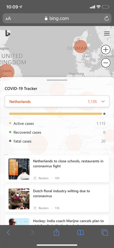 Microsoft Bing's coronavirus dashboard on mobile
