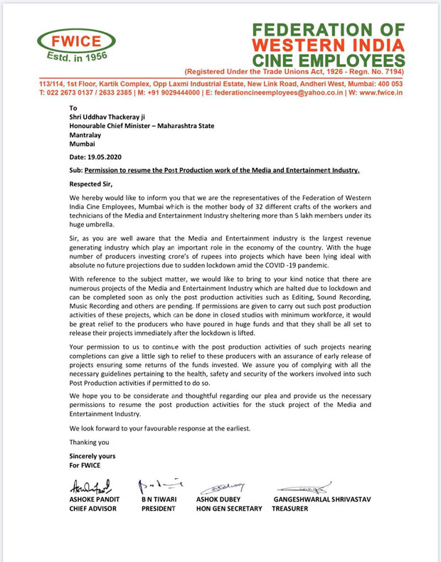 Film Federation writes to Maharashtra CM to resume work