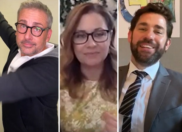 Steve Carell, Jenna Fischer, John Krasinski and The Office cast reunite to recreate's epic wedding scene to surprise newlywed couple on Some Good News