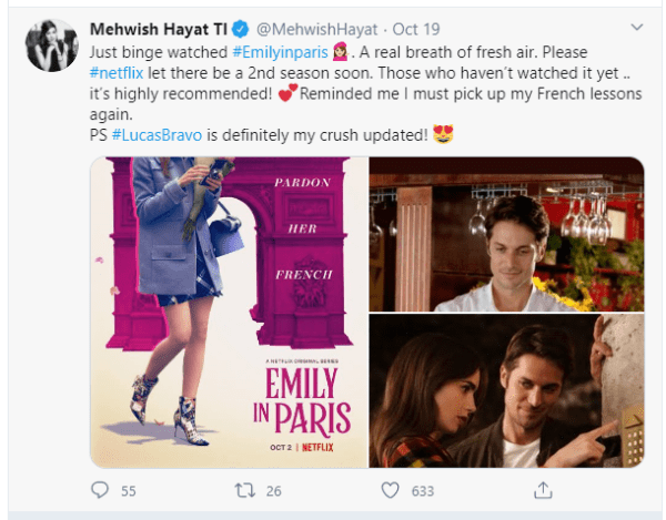 Mehwish Hayat Reveals Her Celebrity Crush from ‘Emily in Paris’