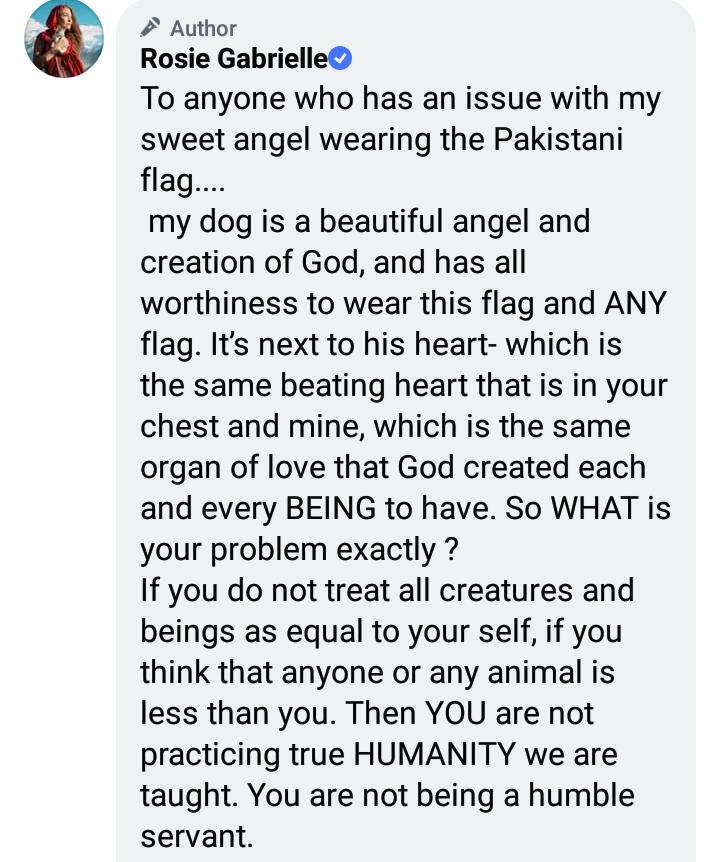 Rosie Gabrielle Receives Hate For Dressing Dog In Pakistani Flag 15