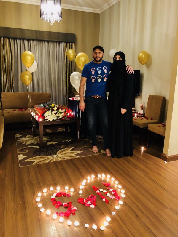 Shahid Afridi with his wife Celebrating their 20th Wedding