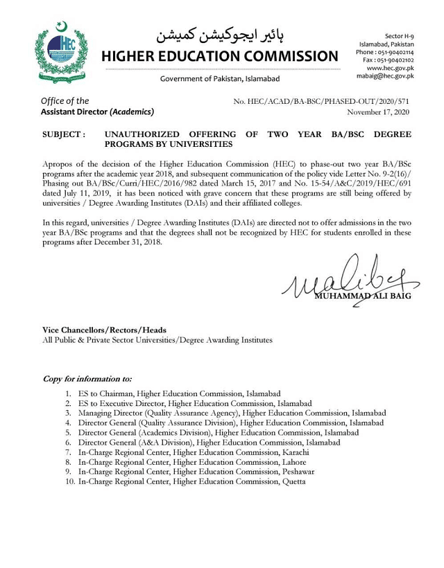 HEC No Longer Recognizes Any 2-Year BA or BSc Degree Program