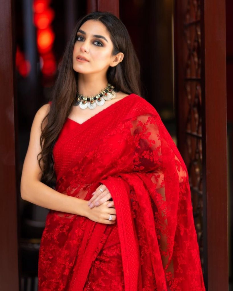 Maya Ali Looks Vibrant In Gorgeous Red Saree By Faiza Saqlain