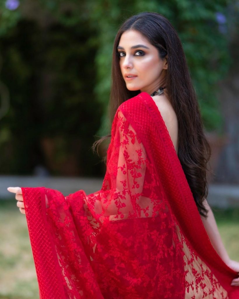 Maya Ali Looks Vibrant In Gorgeous Red Saree By Faiza Saqlain