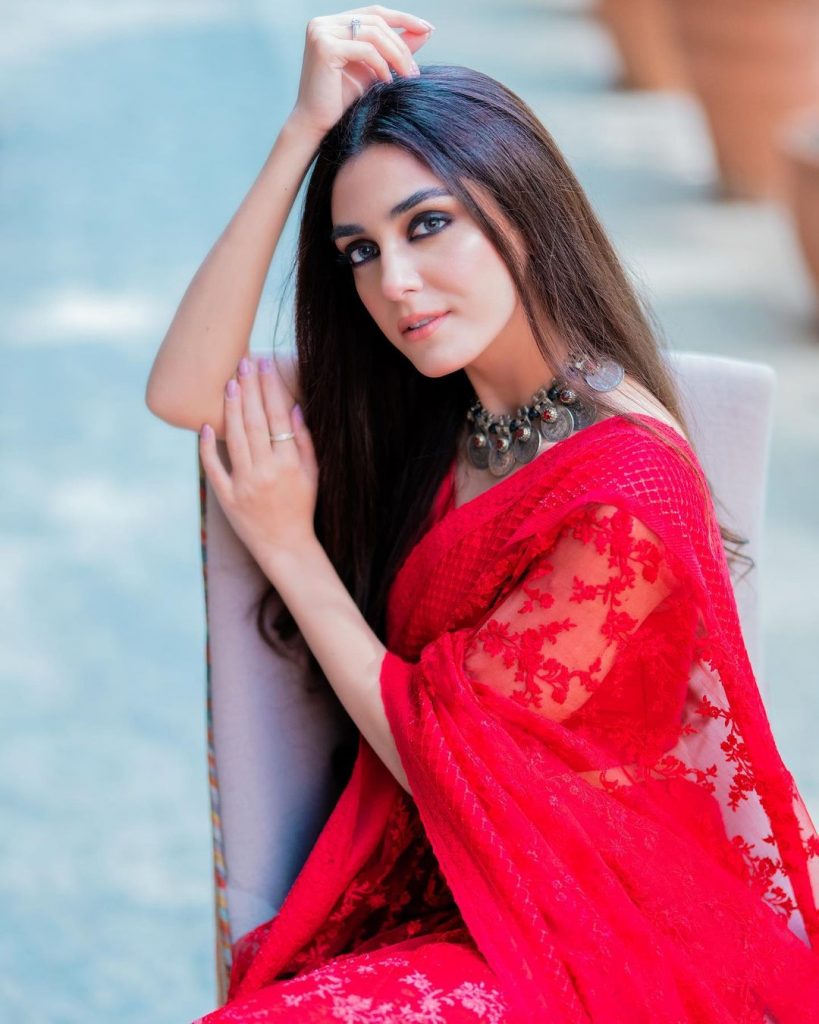 Maya Ali Looks Vibrant In Gorgeous Red Saree By Faiza Saqlain