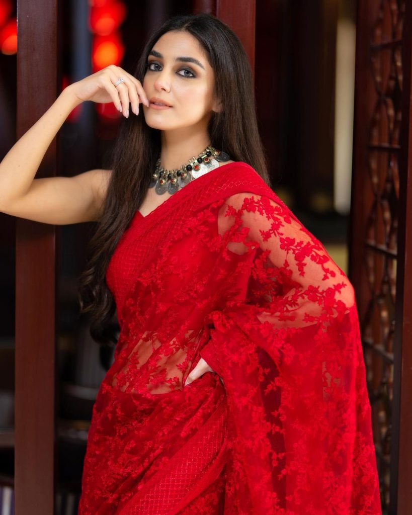 Maya Ali Looks Vibrant In Gorgeous Red Saree By Faiza Saqlain