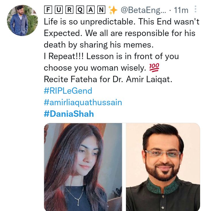 Dania Malik's Condolence Messages For Aamir Liaquat Get Hate