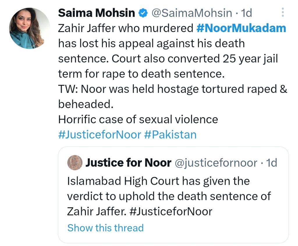 Celebrities' Reaction on Noor Mukadam's Case Verdict