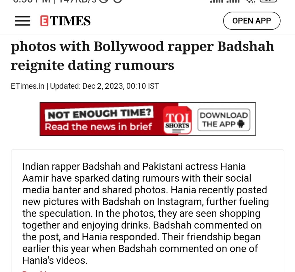 Indian Media Shares Hania Aamir & Badshah Link Up News