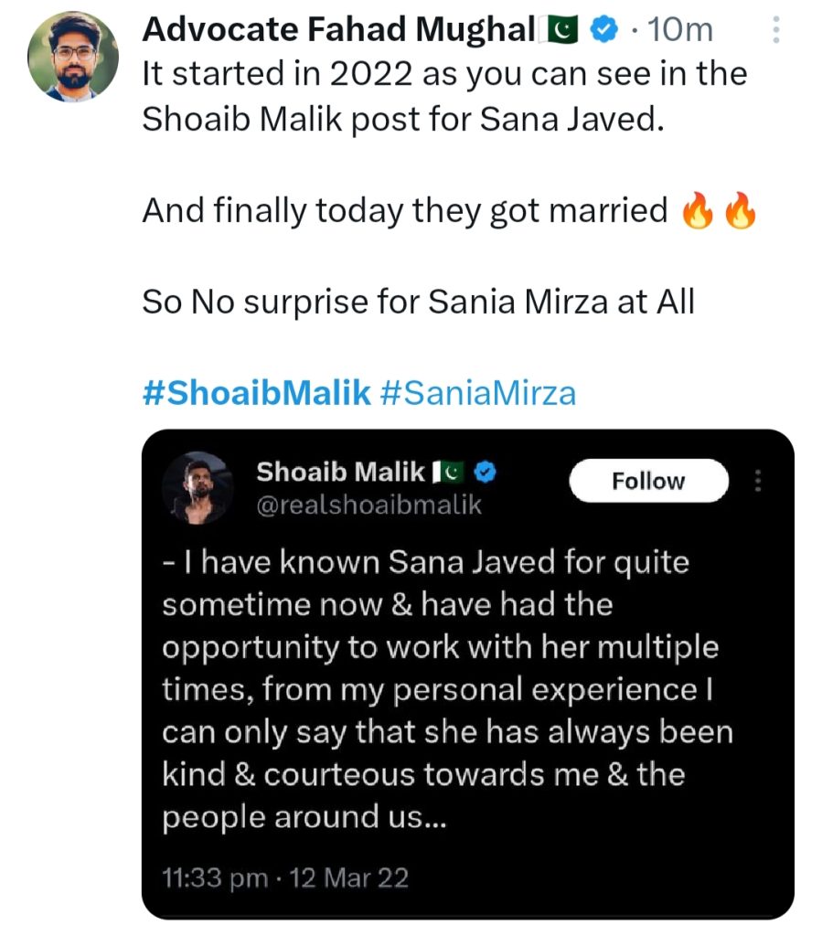 Internet Digs Sana Javed-Shoaib Malik Relationship Beginnings