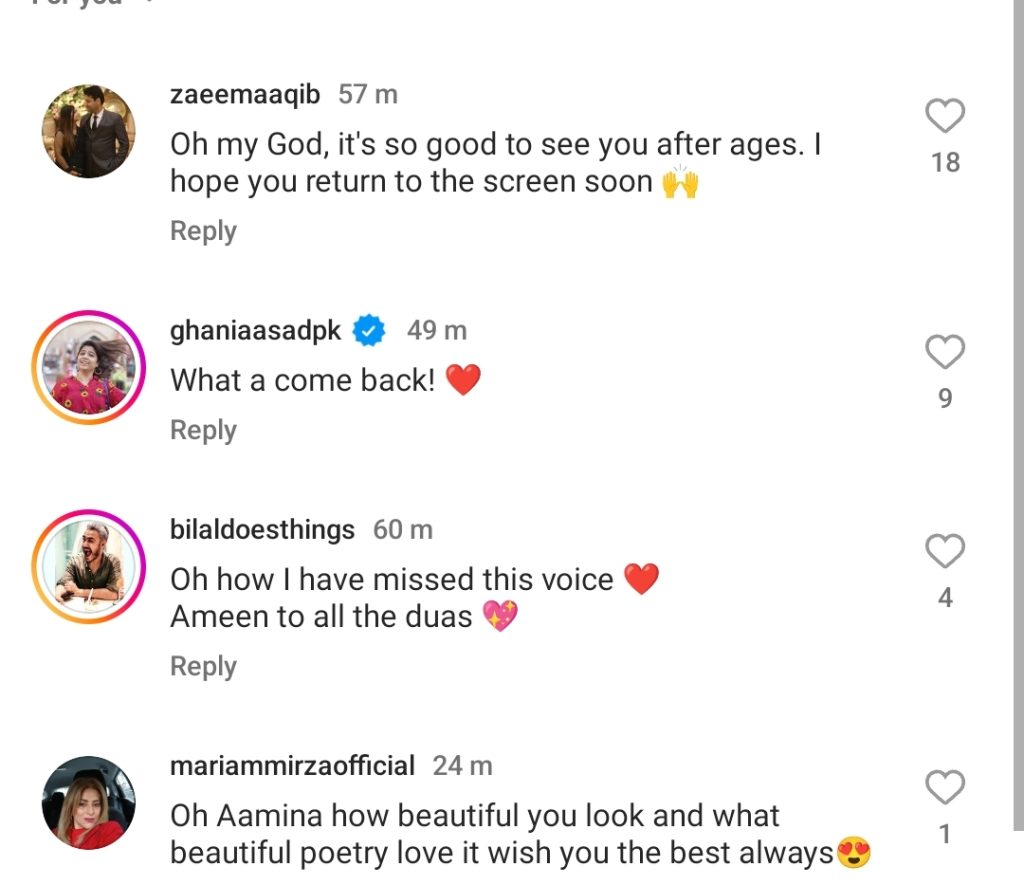 Aamina Sheikh’s Comeback Excites Fans
