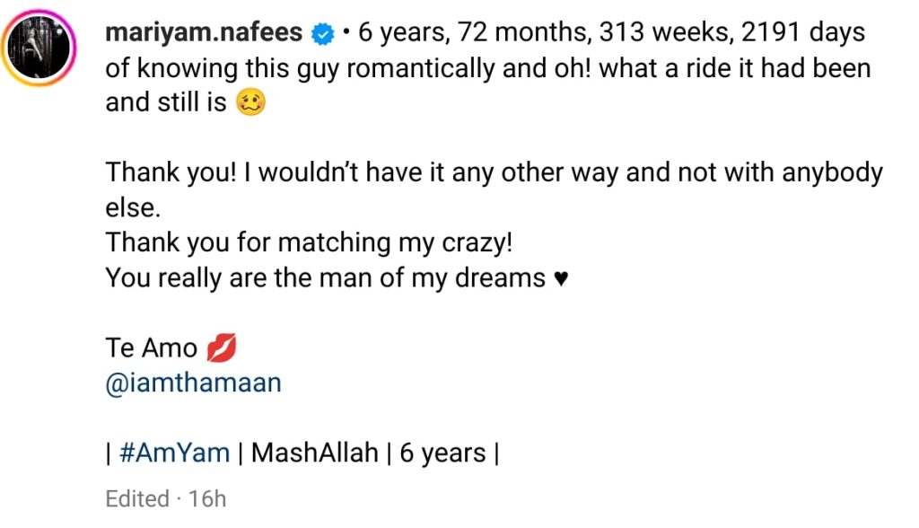 Mariyam Nafees Celebrates 6 Years With Husband Amaan Ahmed